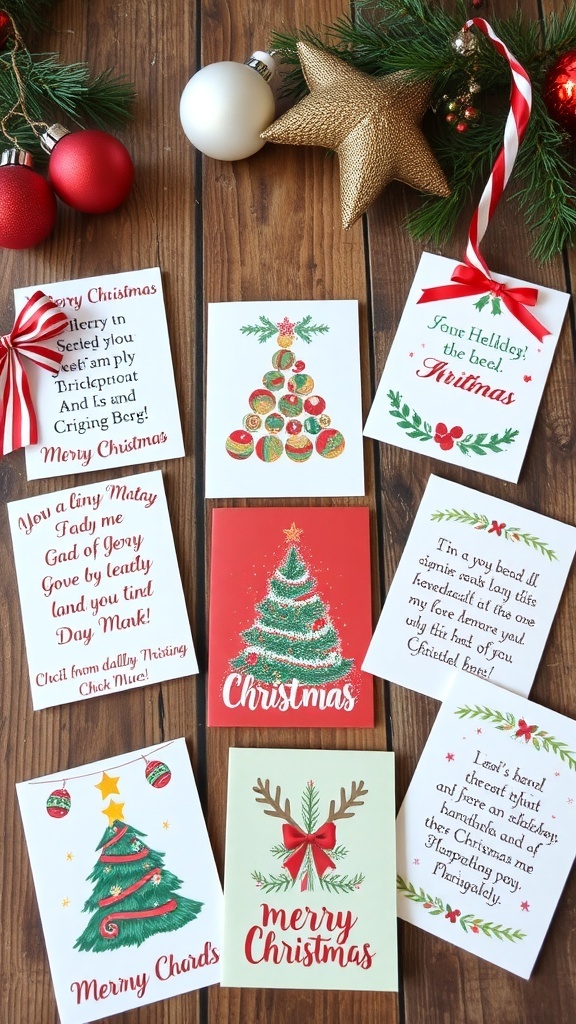 A variety of handmade Christmas cards with festive designs and decorations on a wooden table.
